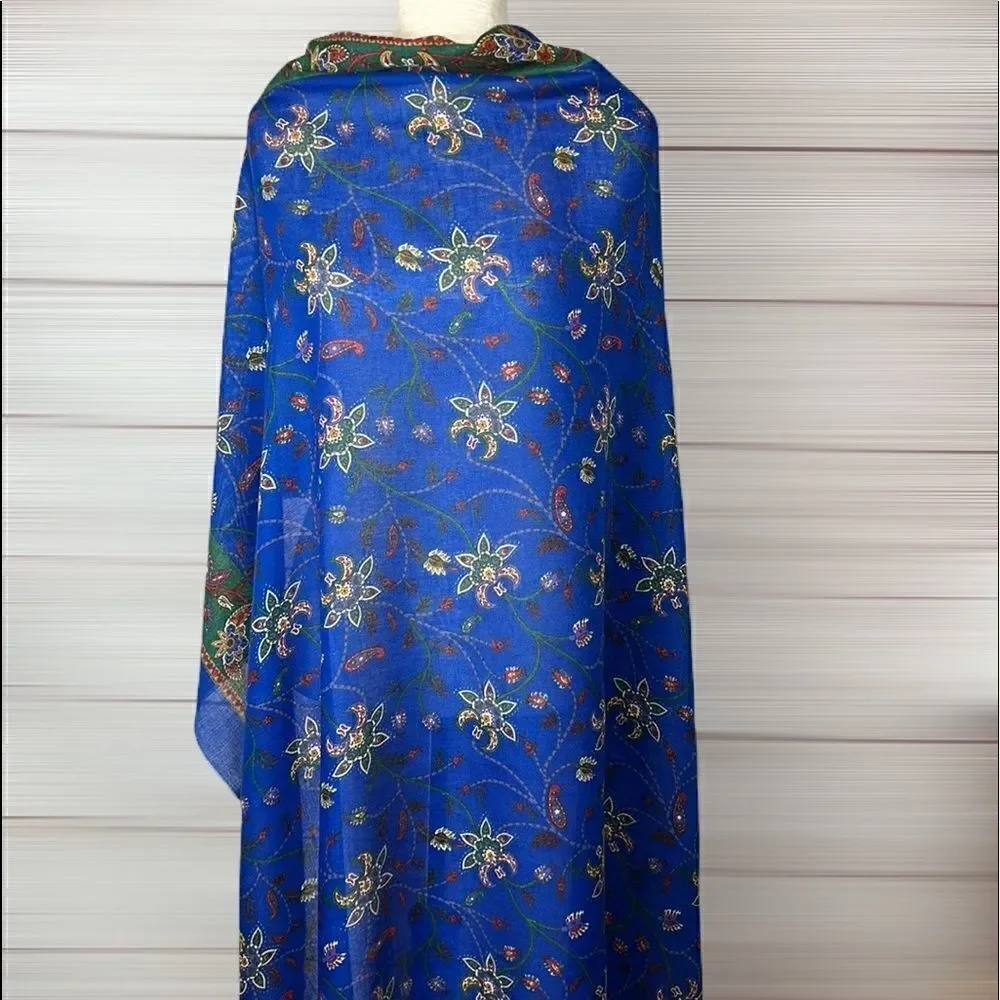 NWOT Creation Francaise Vintage Big Square Royal Blue Floral Scarf Shawl Wrap